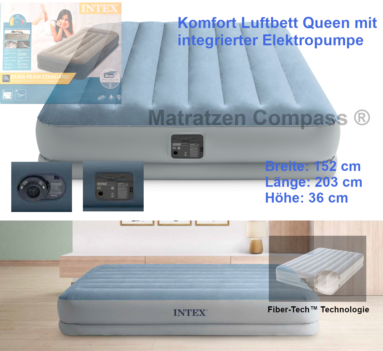 Luftbett Queen extra hoch mit Automatikpumpe und Tragetasche 152 x 203 x 36 cm