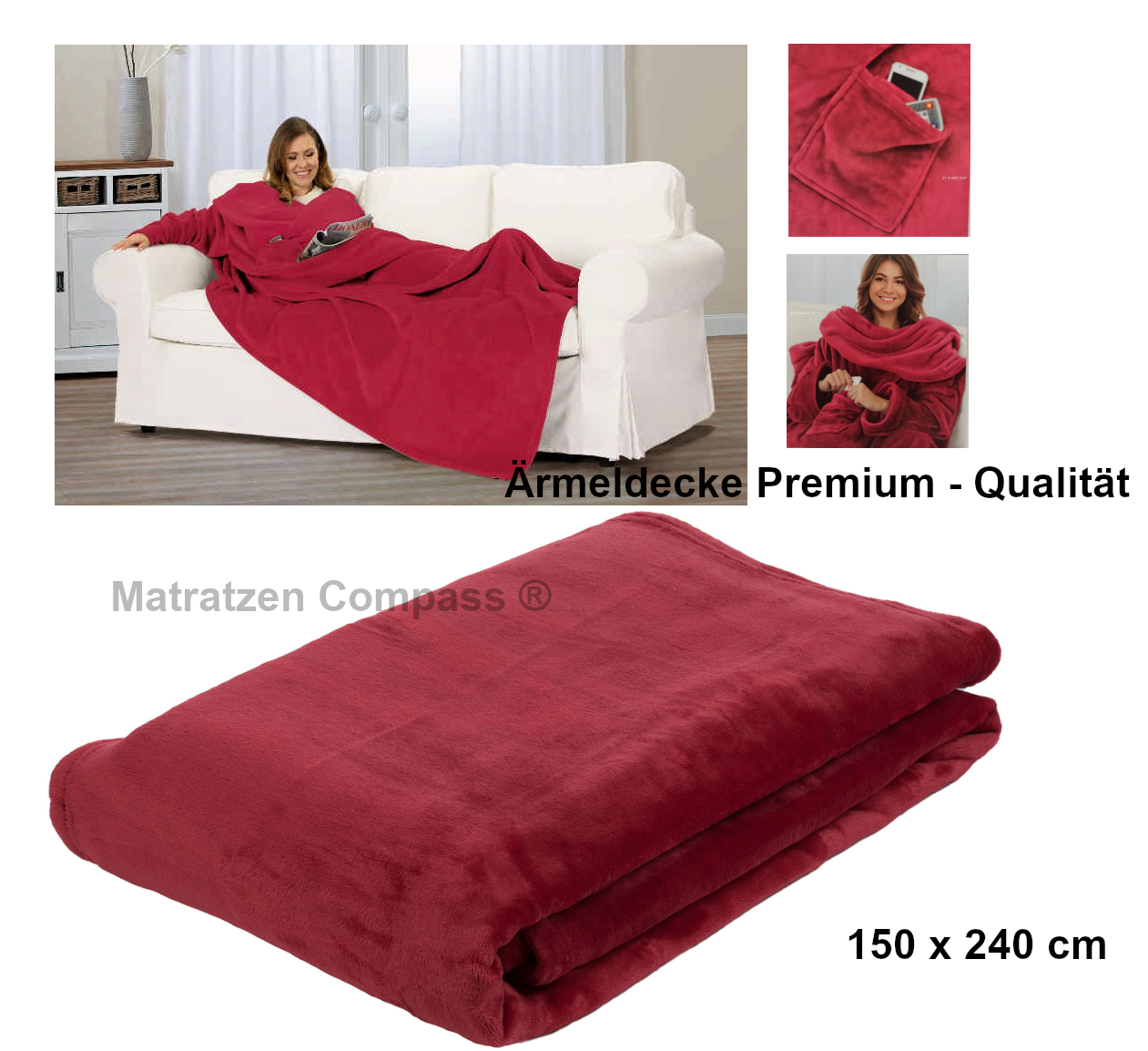 Kuscheldecke mit Ärmeln rot 150 x 240 cm in Premium Qualität