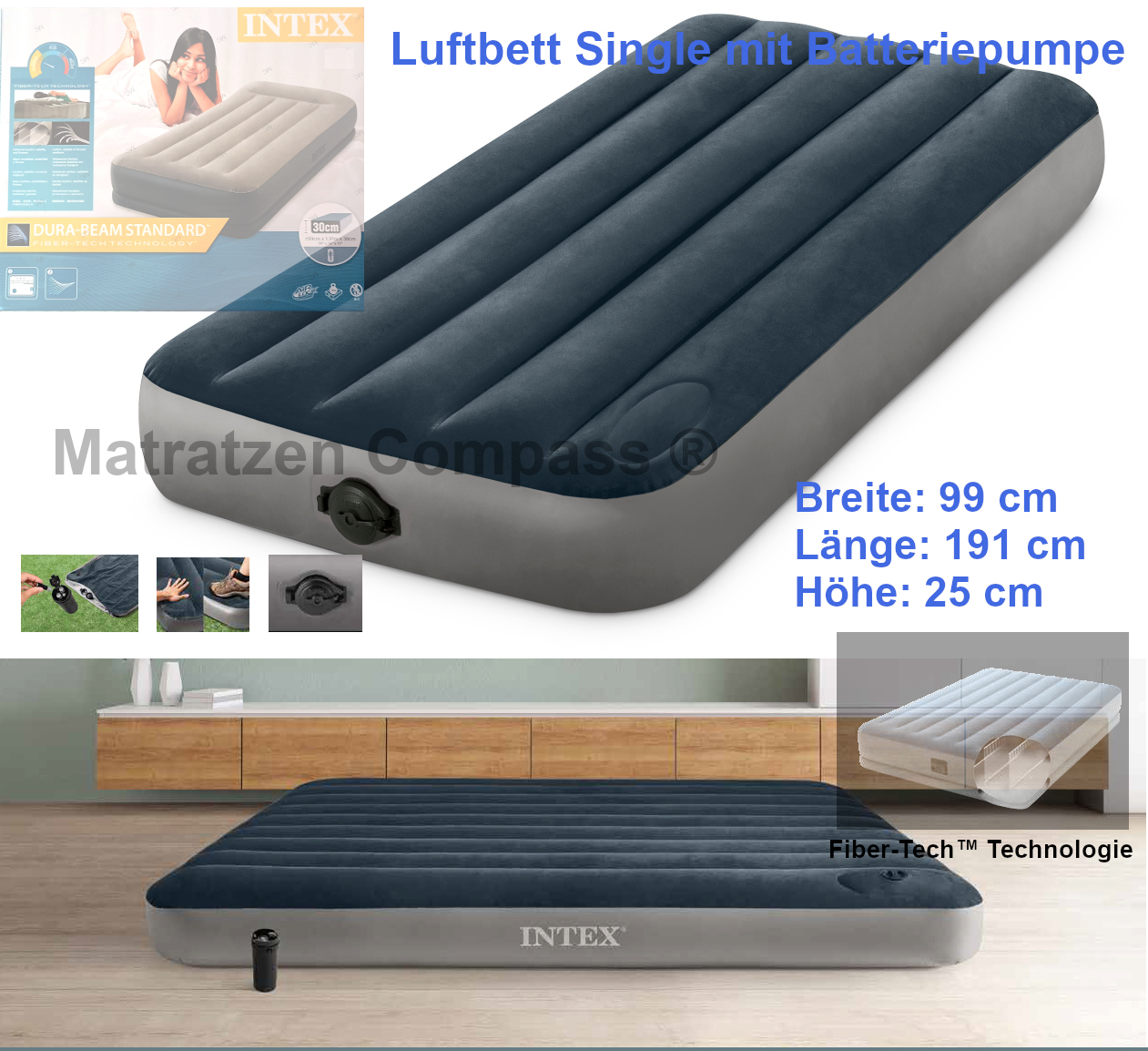 Luftbett mit Batteriepumpe und eingebautem Druckregler 99 x 191 x 25 cm