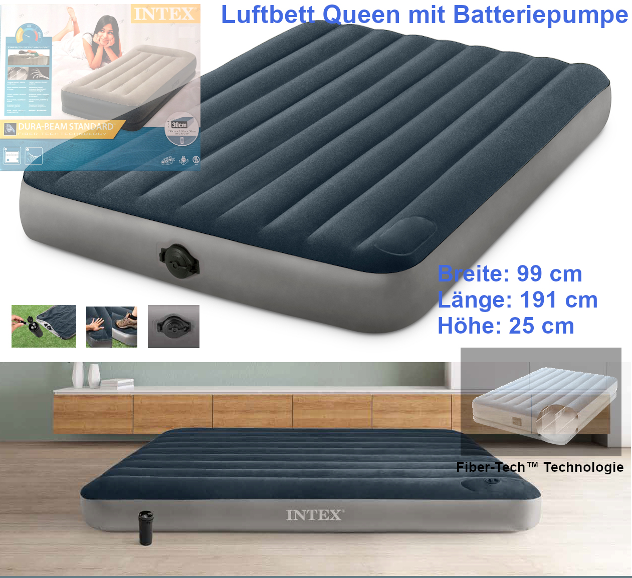 Luftbett mit integrierter Batteriepumpe und eingebautem Druckregler 152 x 203 x 25 cm