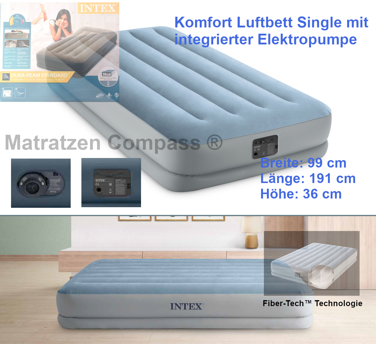 Luftbett Dura-Beam Plus mit integierter Elektropumpe und Tragetasche 99 x 191 x 36 cm