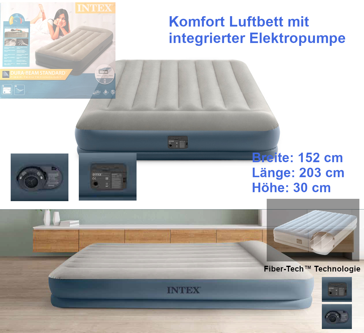 Luftbett Queen mit elektrischer Pumpe und integriertem Kopfkissen 152 x 203 x 30 cm