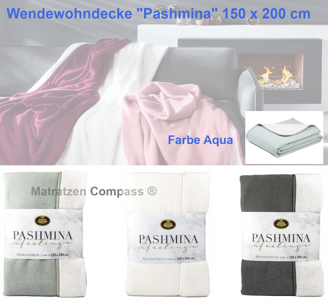 Wendewohndecke Pashmina in Premium Qualität aqua 150 x 200 cm