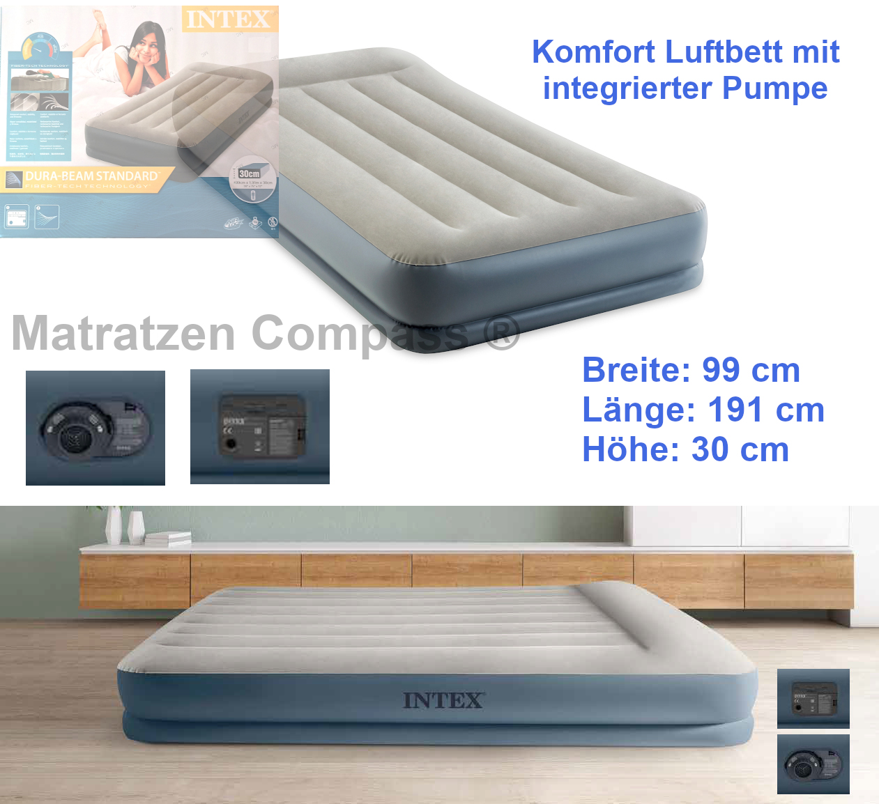 Luftbett mit integrierter Pumpe DuraBeam und Kopfkissen 99 x 191 x 30 cm